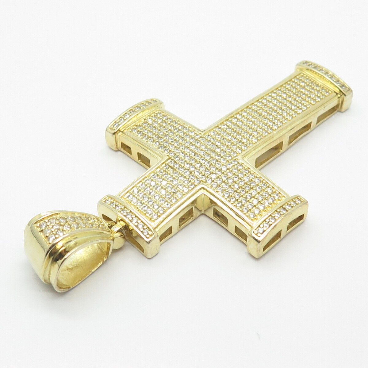 925 Sterling Silver Gold Plated REL Pave C Z Cross Pendant