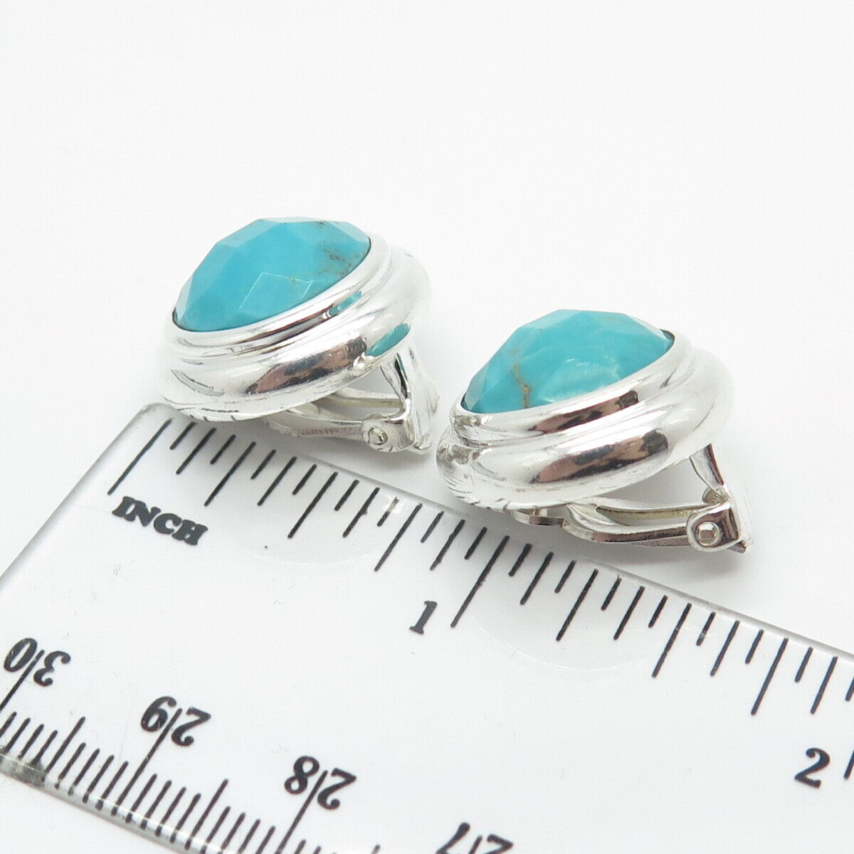 925 Sterling Silver Elle Real Turquoise & Ruby Gem Round Clip On Earrings