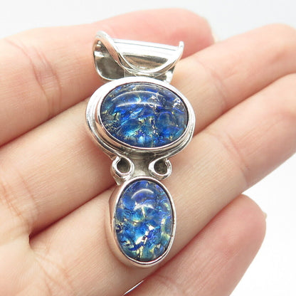 925 Sterling Silver Vintage Mexico Blue Glass Pendant