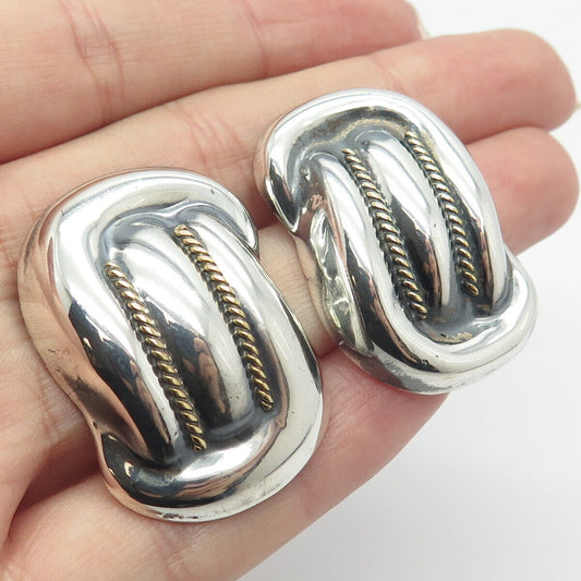 925 Sterling Silver 2-Tone Vintage Mexico Ribbed Modernist Earrings