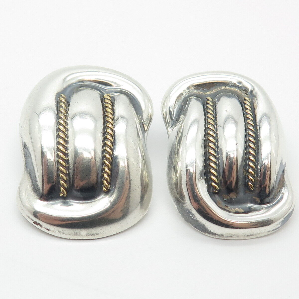 925 Sterling Silver 2-Tone Vintage Mexico Ribbed Modernist Earrings