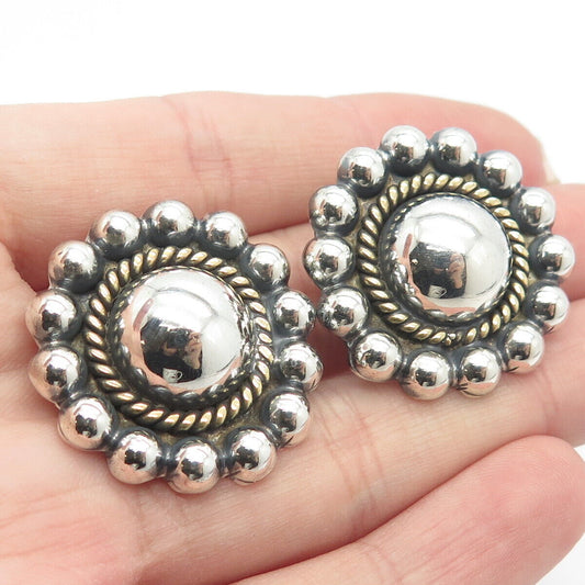 925 Sterling Silver 2-Tone Vintage Mexico Laton Beaded Round Clip On Earrings