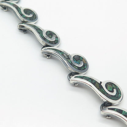 925 Sterling Silver Vintage Mexico Real Turquoise Inlay Fancy Link Bracelet 7"