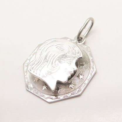 925 Sterling Silver Vintage Girl Profile Pendant