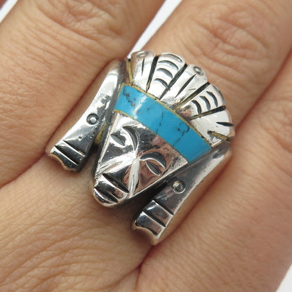 925 Sterling Silver Vintage Mexico Real Turquoise Gem Tribal Man Ring Size 9