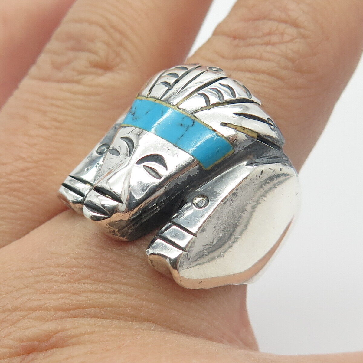 925 Sterling Silver Vintage Mexico Real Turquoise Gem Tribal Man Ring Size 9