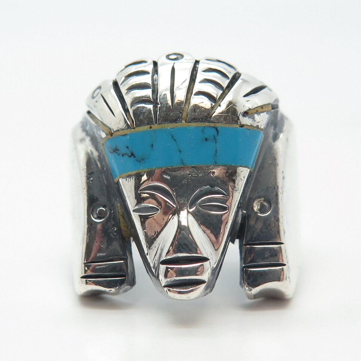 925 Sterling Silver Vintage Mexico Real Turquoise Gem Tribal Man Ring Size 9