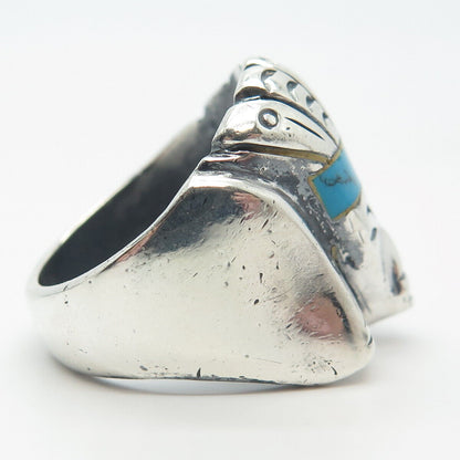 925 Sterling Silver Vintage Mexico Real Turquoise Gem Tribal Man Ring Size 9