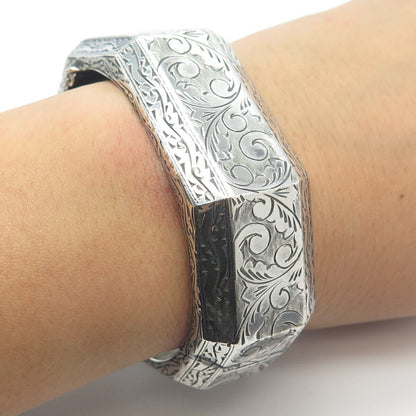 925 Sterling Silver Antique SIAM Etched Hinged Bangle Bracelet 7"