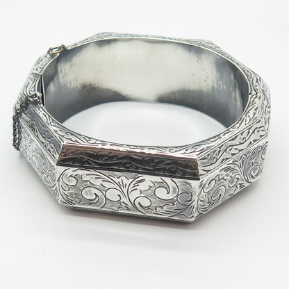 925 Sterling Silver Antique SIAM Etched Hinged Bangle Bracelet 7"