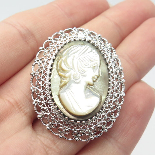 925 Sterling Silver Vintage Charles Reis Real MOP Lady Cameo Pin Brooch /Pendant