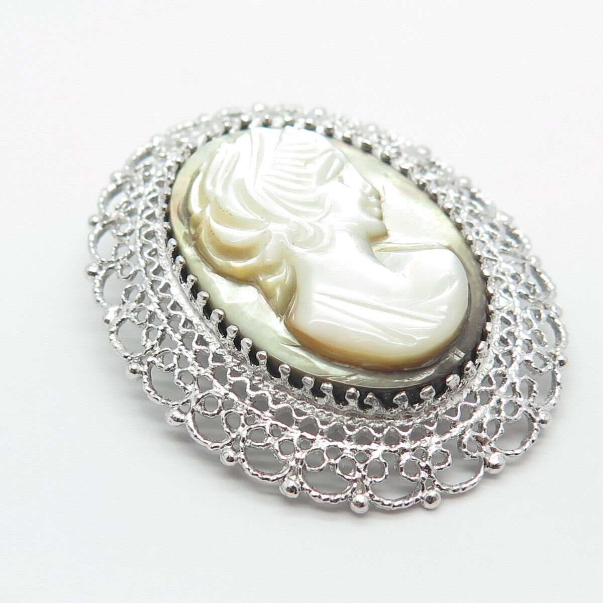 925 Sterling Silver Vintage Charles Reis Real MOP Lady Cameo Pin Brooch /Pendant