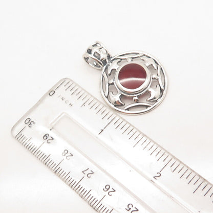 925 Sterling Silver Vintage Real Carnelian Gem Round Pendant