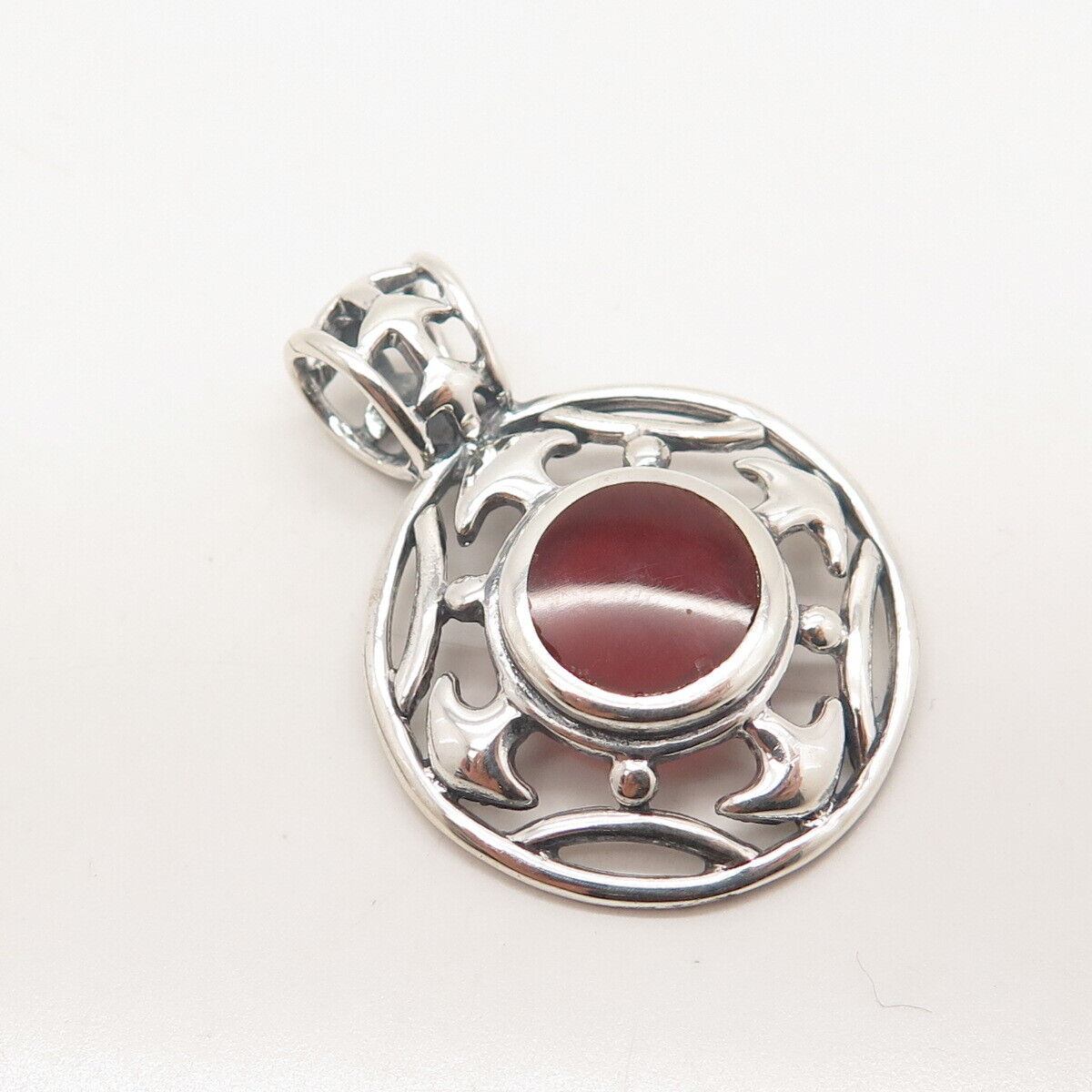 925 Sterling Silver Vintage Real Carnelian Gem Round Pendant