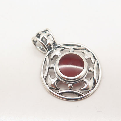 925 Sterling Silver Vintage Real Carnelian Gem Round Pendant