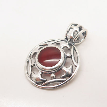 925 Sterling Silver Vintage Real Carnelian Gem Round Pendant