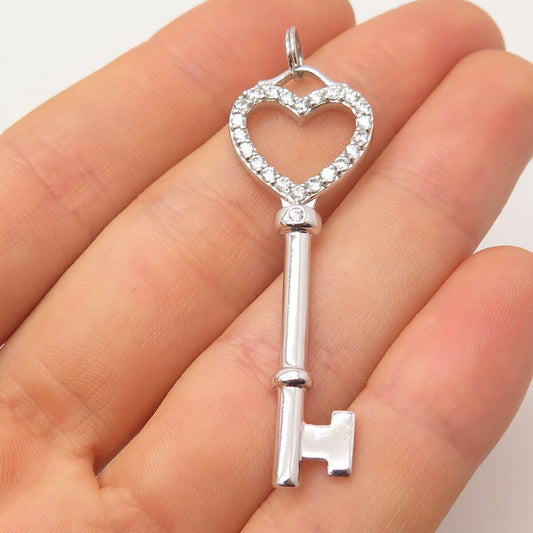 925 Sterling Silver C Z Heart Key Pendant