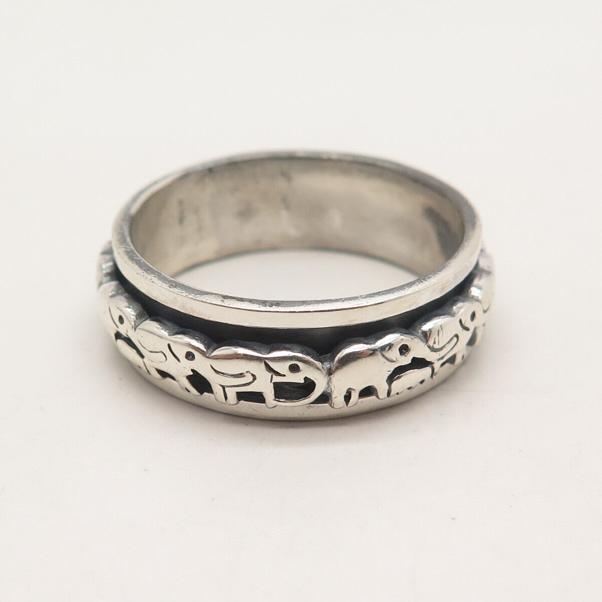 925 Sterling Silver Vintage Elephant Family Rotating Band Ring Size 13.75