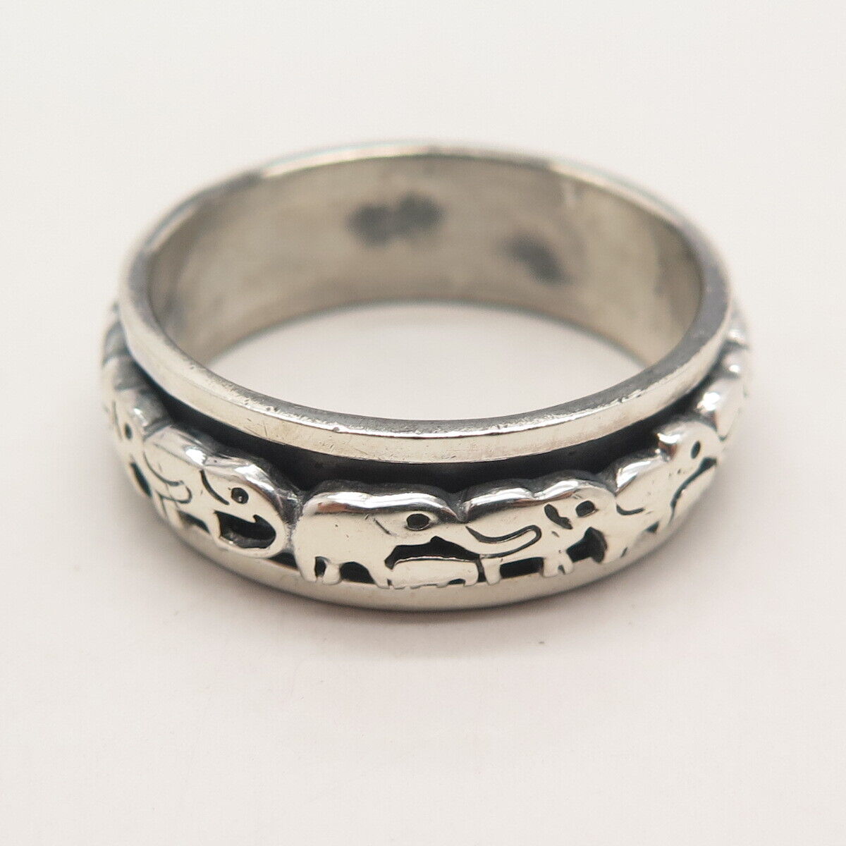 925 Sterling Silver Vintage Elephant Family Rotating Band Ring Size 13.75