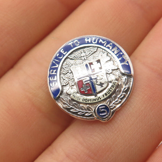 925 Sterling Silver Vintage Pollack Colorful Enamel "Service to Humanity" Brooch