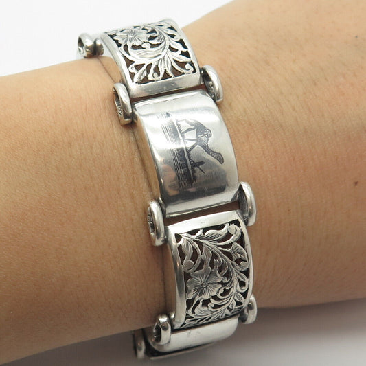 925 Sterling Silver Antique Egyptian Theme Floral Panel Link Bracelet 6.75"