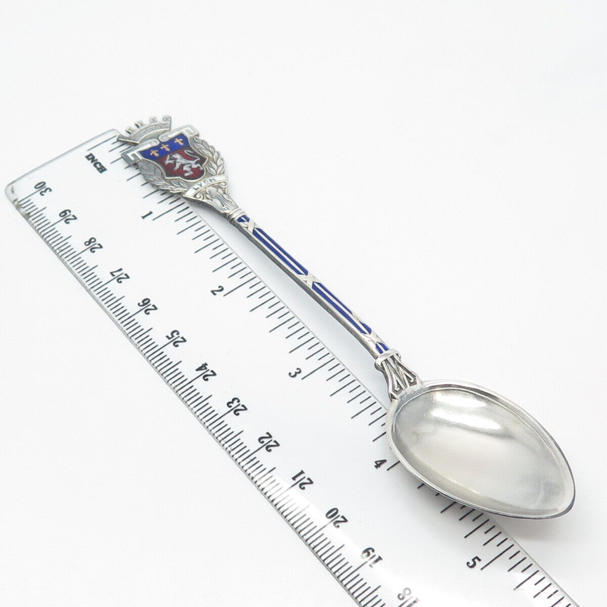 800 Silver Antique Enamel France "Lyon" Coat of Arms Tea Spoon