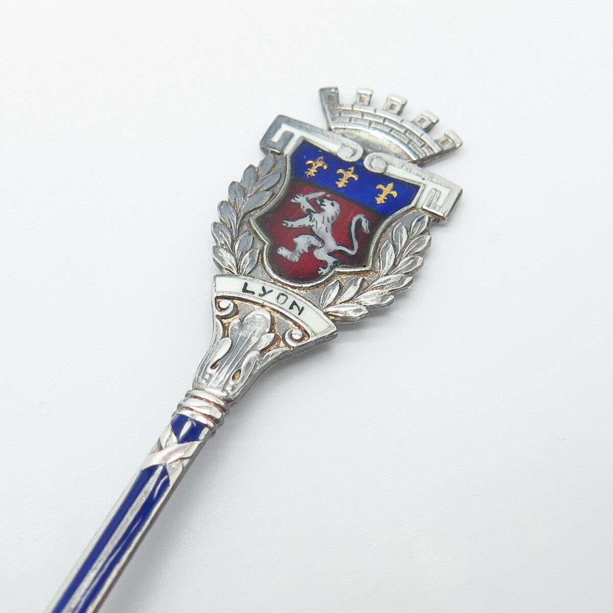 800 Silver Antique Enamel France "Lyon" Coat of Arms Tea Spoon