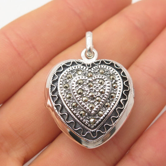 925 Sterling Silver Vintage Real Marcasite Gem Heart Locket Pendant