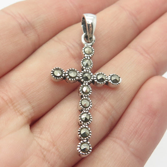 925 Sterling Silver Vintage Real Marcasite Gem Cross Pendant