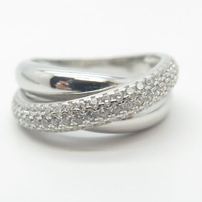 925 Sterling Silver Pave C Z Crossover Ring Size 8