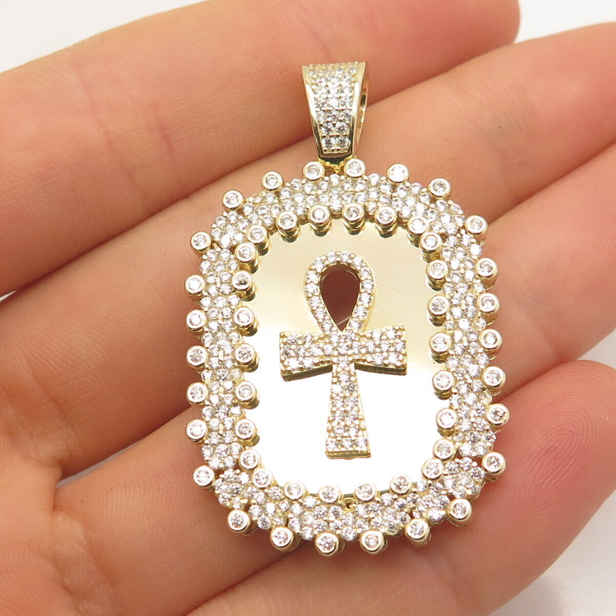 925 Sterling Silver Gold Plated Pave C Z Egypt Ankh Cross Pendant