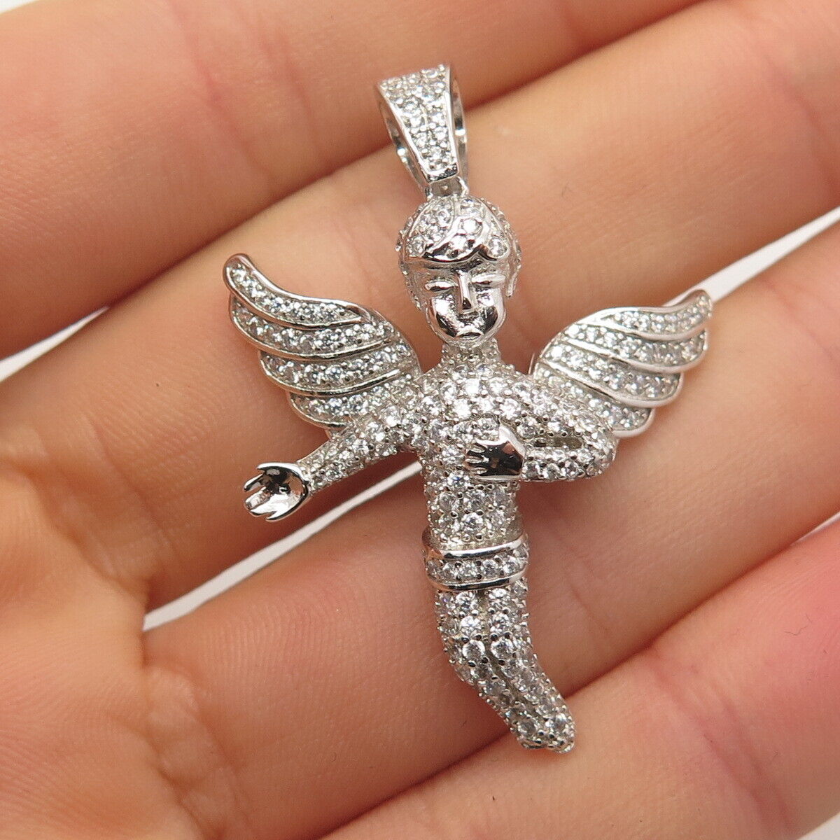 925 Sterling Silver Pave C Z Cherub Angel Pendant