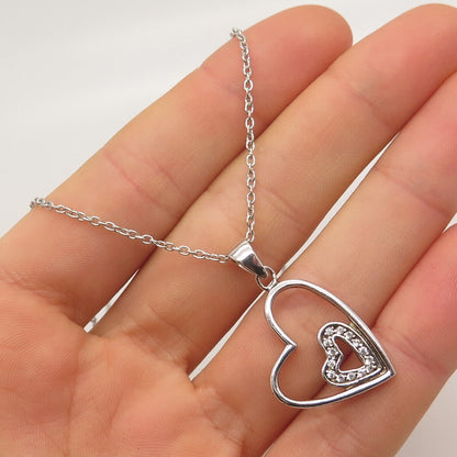 925 Sterling Silver Italy C Z Double Heart Pendant Rolo Chain Necklace 14"