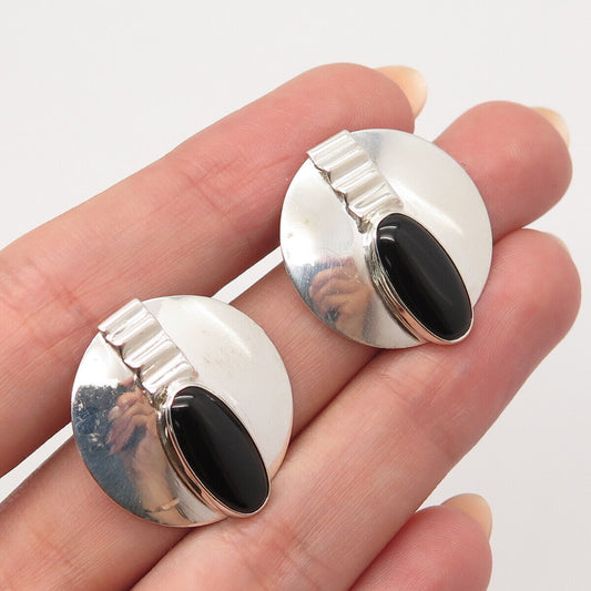 925 Sterling Silver Vintage Real Black Onyx Gem Round Modernist Earrings