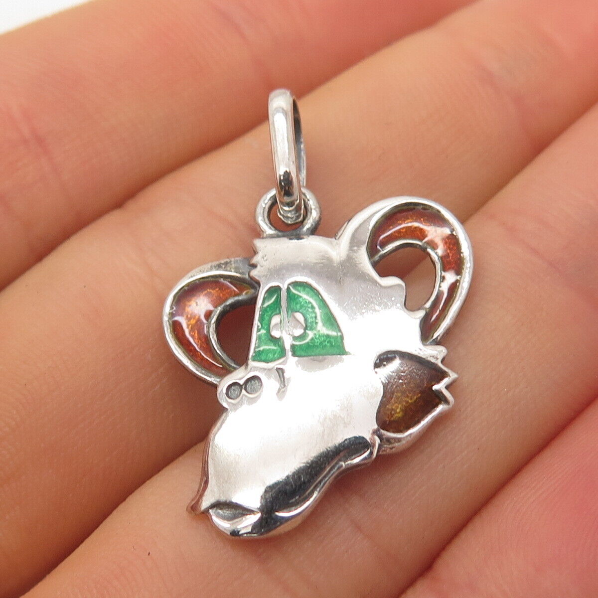 925 Sterling Silver Vintage Enamel Monkey Head Pendant