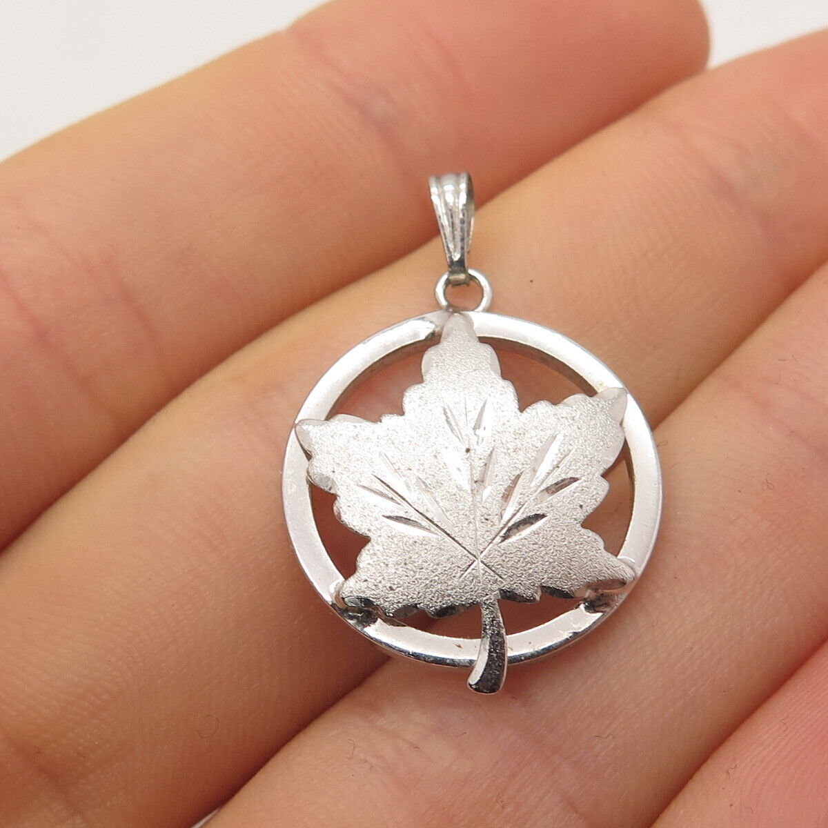 925 Sterling Silver Vintage EMC Front Maple Leaf Round Pendant