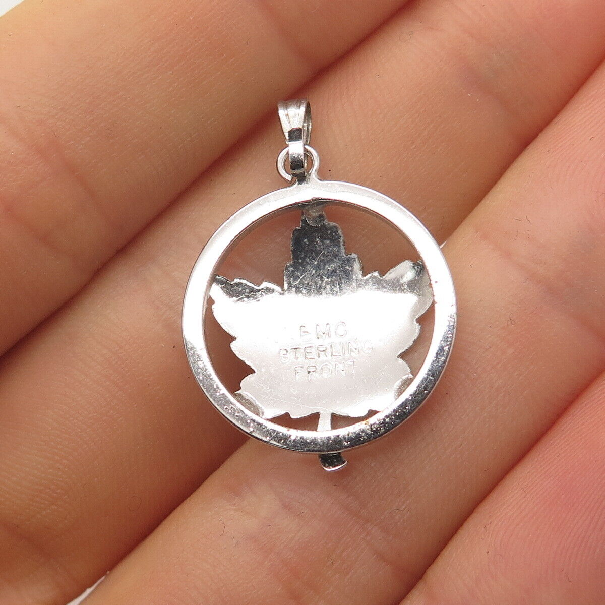 925 Sterling Silver Vintage EMC Front Maple Leaf Round Pendant