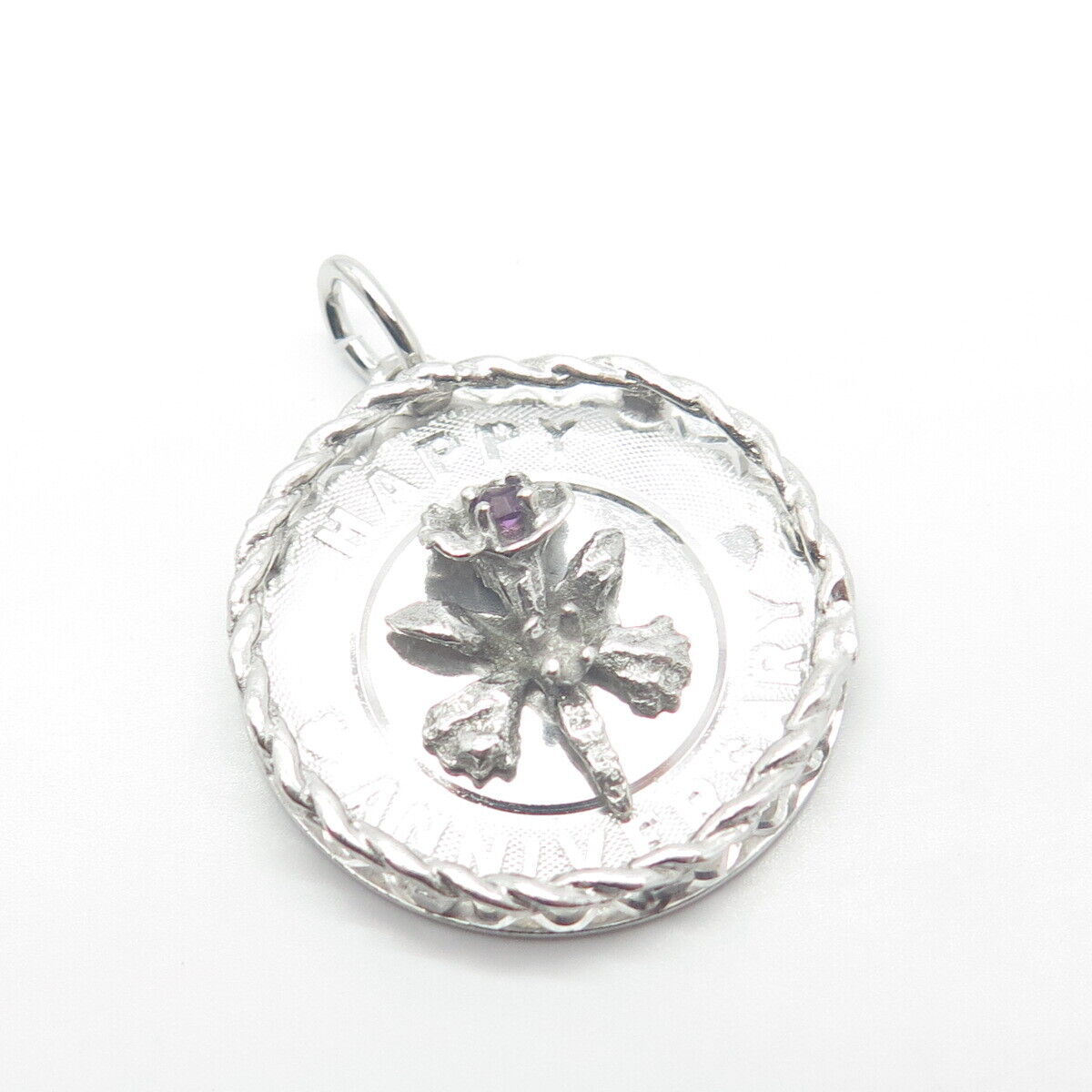 925 Sterling Silver Vintage Real Amethyst Gem "Happy Anniversary" Floral Pendant