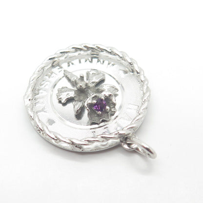 925 Sterling Silver Vintage Real Amethyst Gem "Happy Anniversary" Floral Pendant