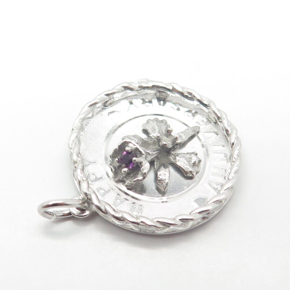 925 Sterling Silver Vintage Real Amethyst Gem "Happy Anniversary" Floral Pendant