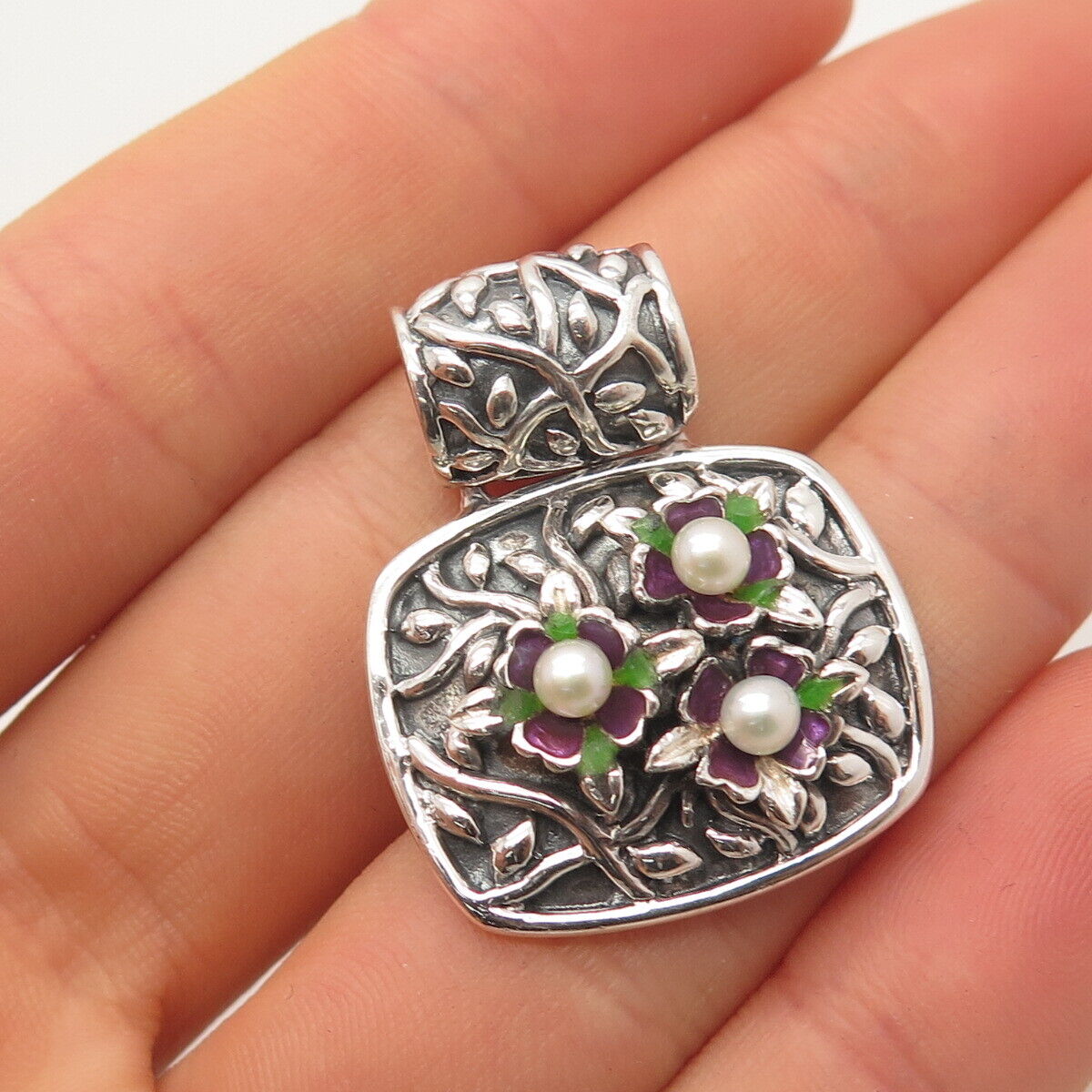 925 Sterling Silver Vintage Sunstone Imports Real Pearl & Enamel Floral Pendant