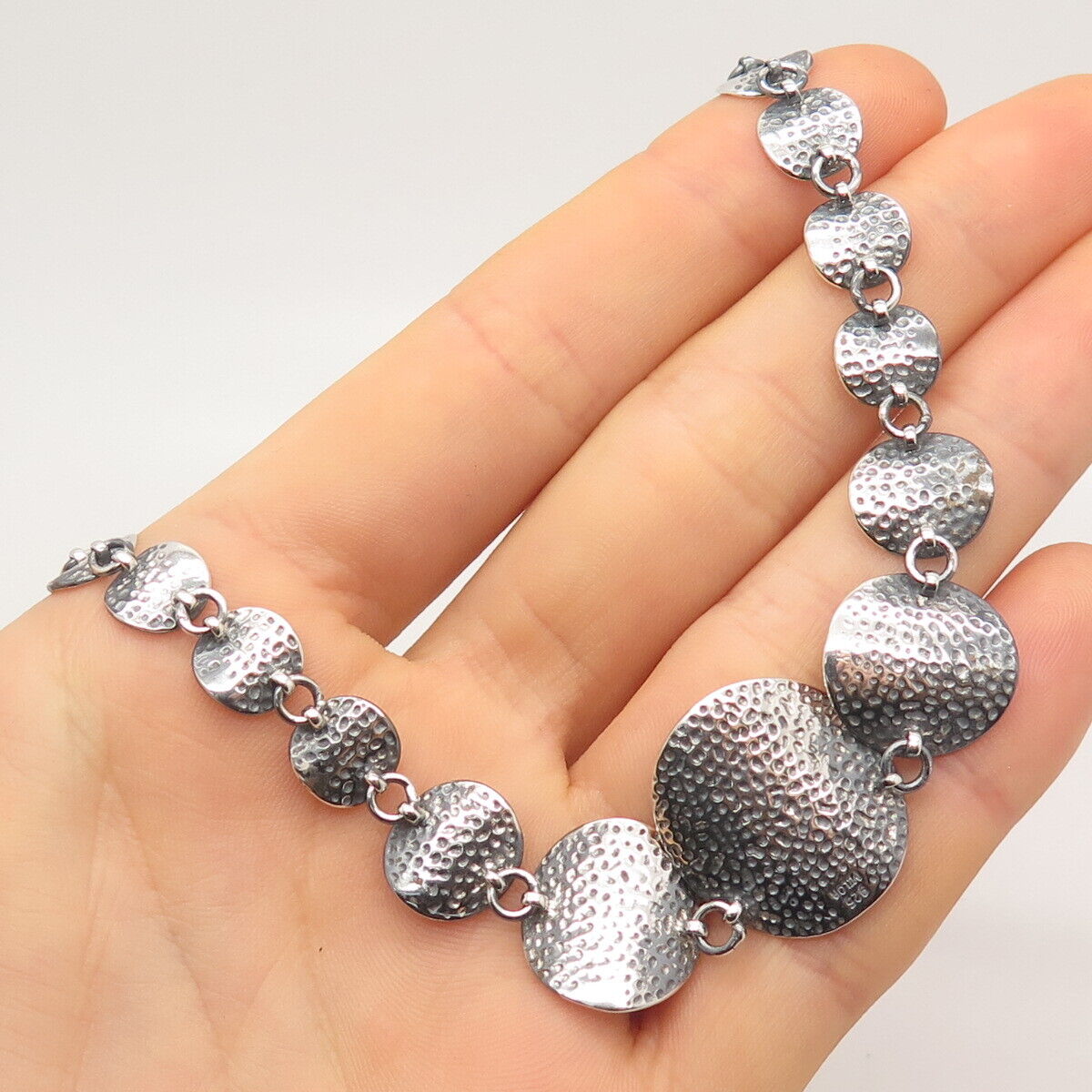 925 Sterling Silver Vintage Hammered Round Link Chain Necklace 16"