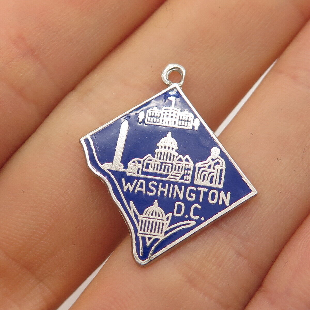 925 Sterling Silver Vintage Blue Enamel "Washington D. C." Charm Pendant