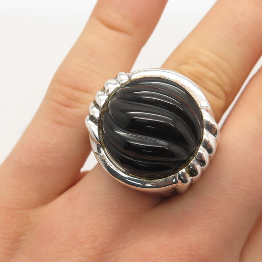 925 Sterling Silver Vintage Real Black Onyx Gemstone Ribbed Ring Size 6.5