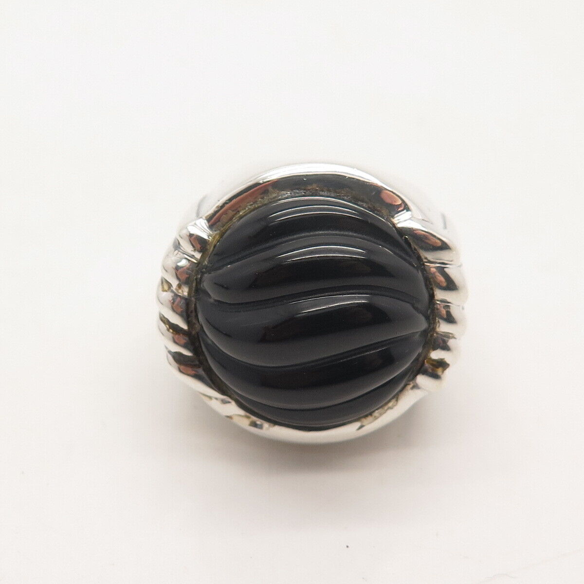 925 Sterling Silver Vintage Real Black Onyx Gemstone Ribbed Ring Size 6.5