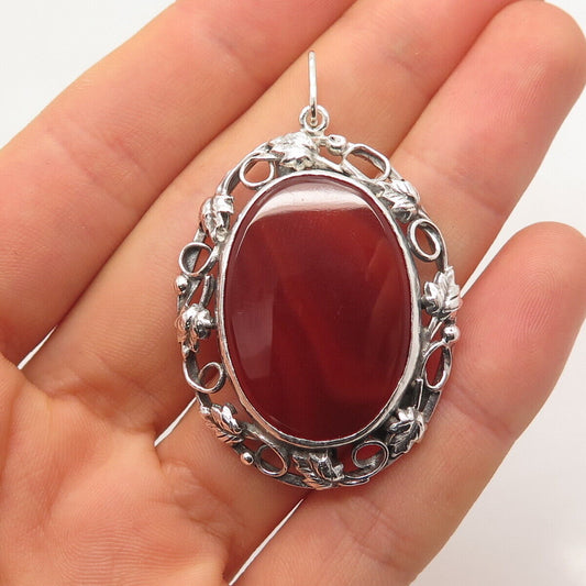 925 Sterling Silver Vintage Real Agate Gemstone Ornate Pendant