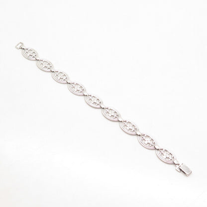 925 Sterling Silver Vintage Floral Oval Link Bracelet 7"