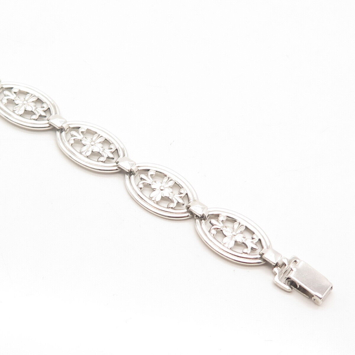 925 Sterling Silver Vintage Floral Oval Link Bracelet 7"