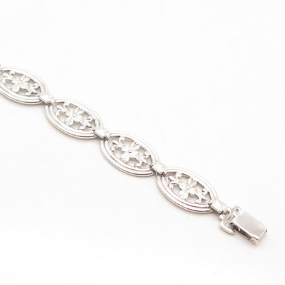 925 Sterling Silver Vintage Floral Oval Link Bracelet 7"