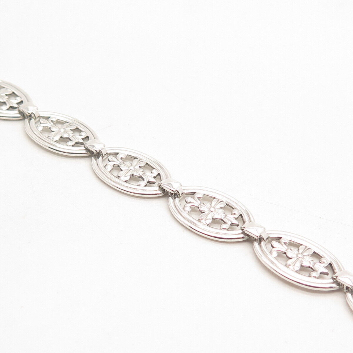 925 Sterling Silver Vintage Floral Oval Link Bracelet 7"